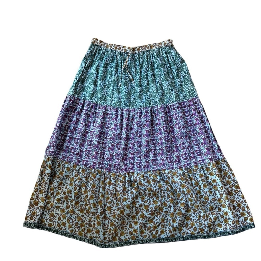 Floral Peasant Tiered Flare Skirt OS Drawstring Waist Floral Pattern Cotton